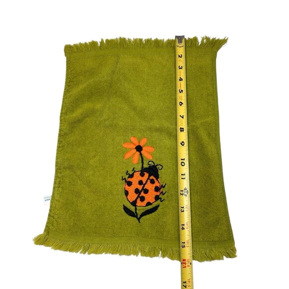 Golden Crown Fringed Fingertip Towel Embroidered Ladybug Flower Green - Picture 7 of 7